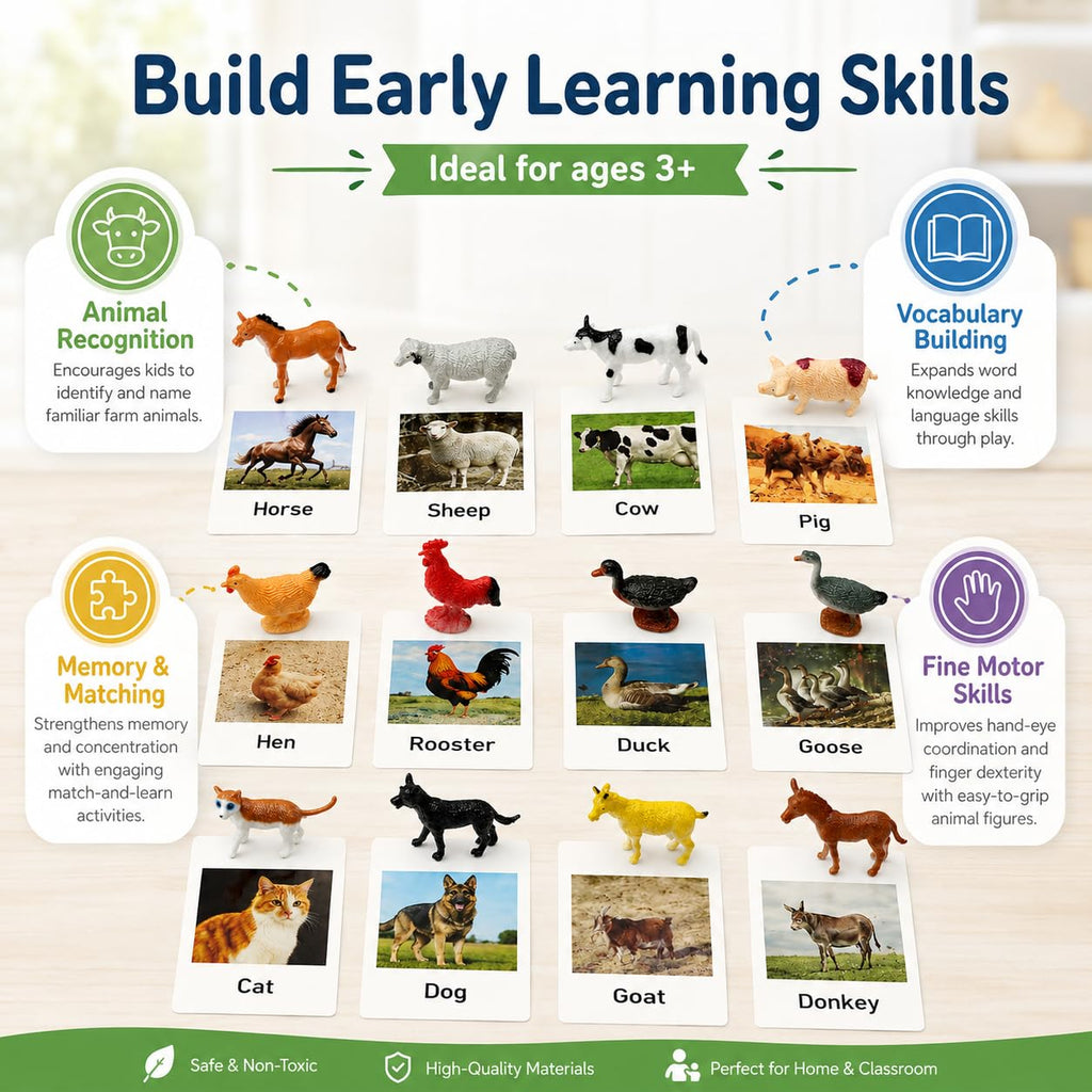 Esoes Montessori Farm Animal Matching Game – 12 Realistic Figurines with Flash Cards for Toddlers
