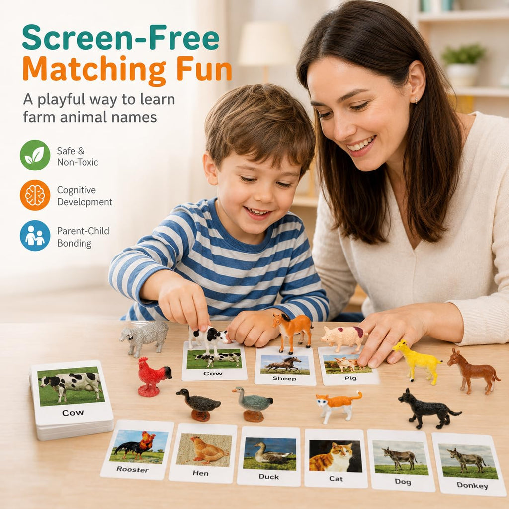 Esoes Montessori Farm Animal Matching Game – 12 Realistic Figurines with Flash Cards for Toddlers