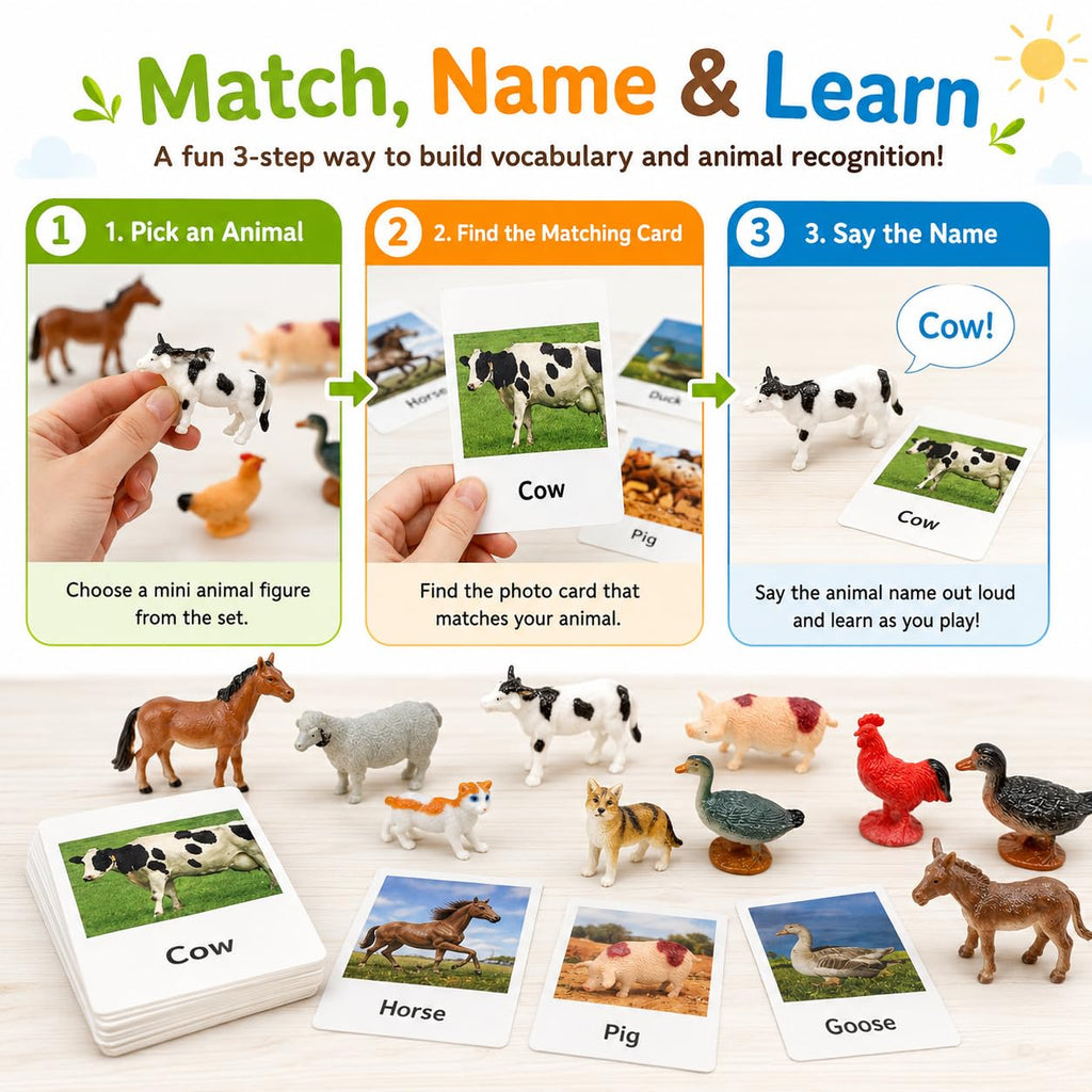 Esoes Montessori Farm Animal Matching Game – 12 Realistic Figurines with Flash Cards for Toddlers