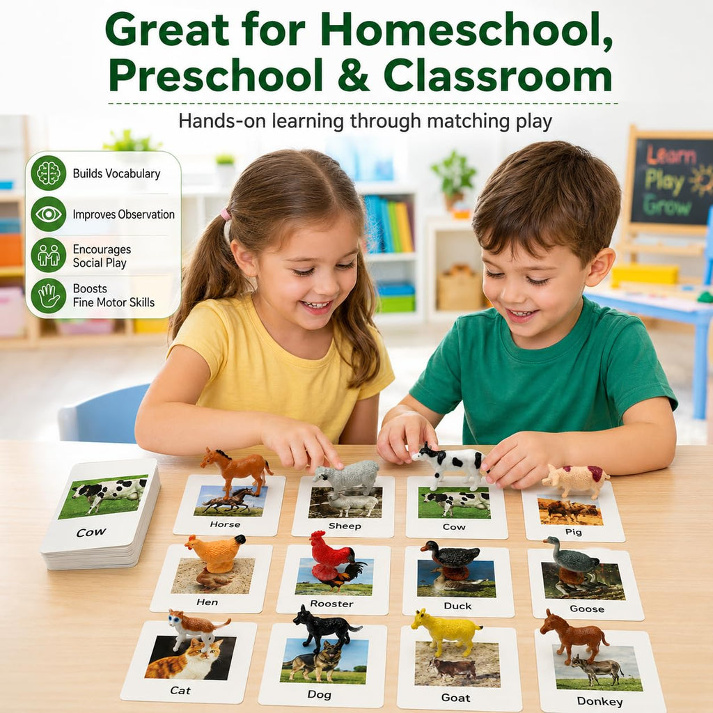 Esoes Montessori Farm Animal Matching Game – 12 Realistic Figurines with Flash Cards for Toddlers
