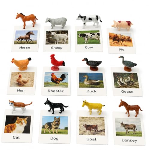 Esoes Montessori Farm Animal Matching Game – 12 Realistic Figurines with Flash Cards for Toddlers