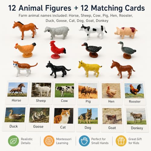 Esoes Montessori Farm Animal Matching Game – 12 Realistic Figurines with Flash Cards for Toddlers