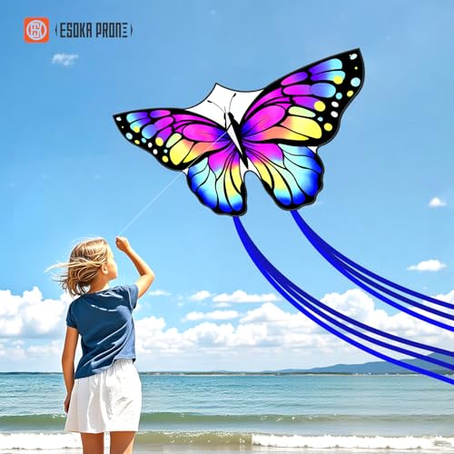 ESOKA PRON Butterfly Kite – Easy to Fly for Kids & Beginners – 210 Polyester, Fiberglass Frame, 328ft String, Blue/White