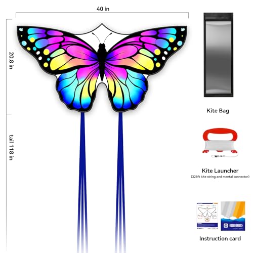 ESOKA PRON Butterfly Kite – Easy to Fly for Kids & Beginners – 210 Polyester, Fiberglass Frame, 328ft String, Blue/White