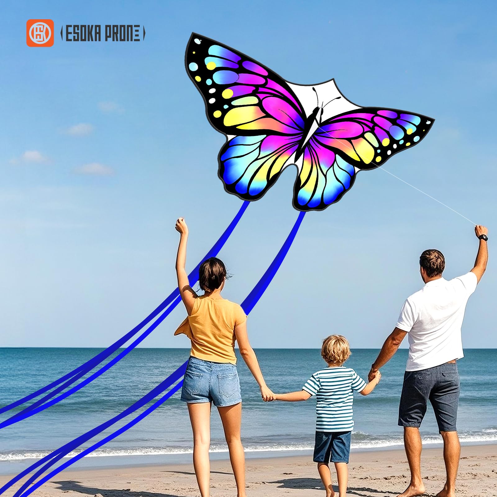 ESOKA PRON Butterfly Kite – Easy to Fly for Kids & Beginners – 210 Polyester, Fiberglass Frame, 328ft String, Blue/White