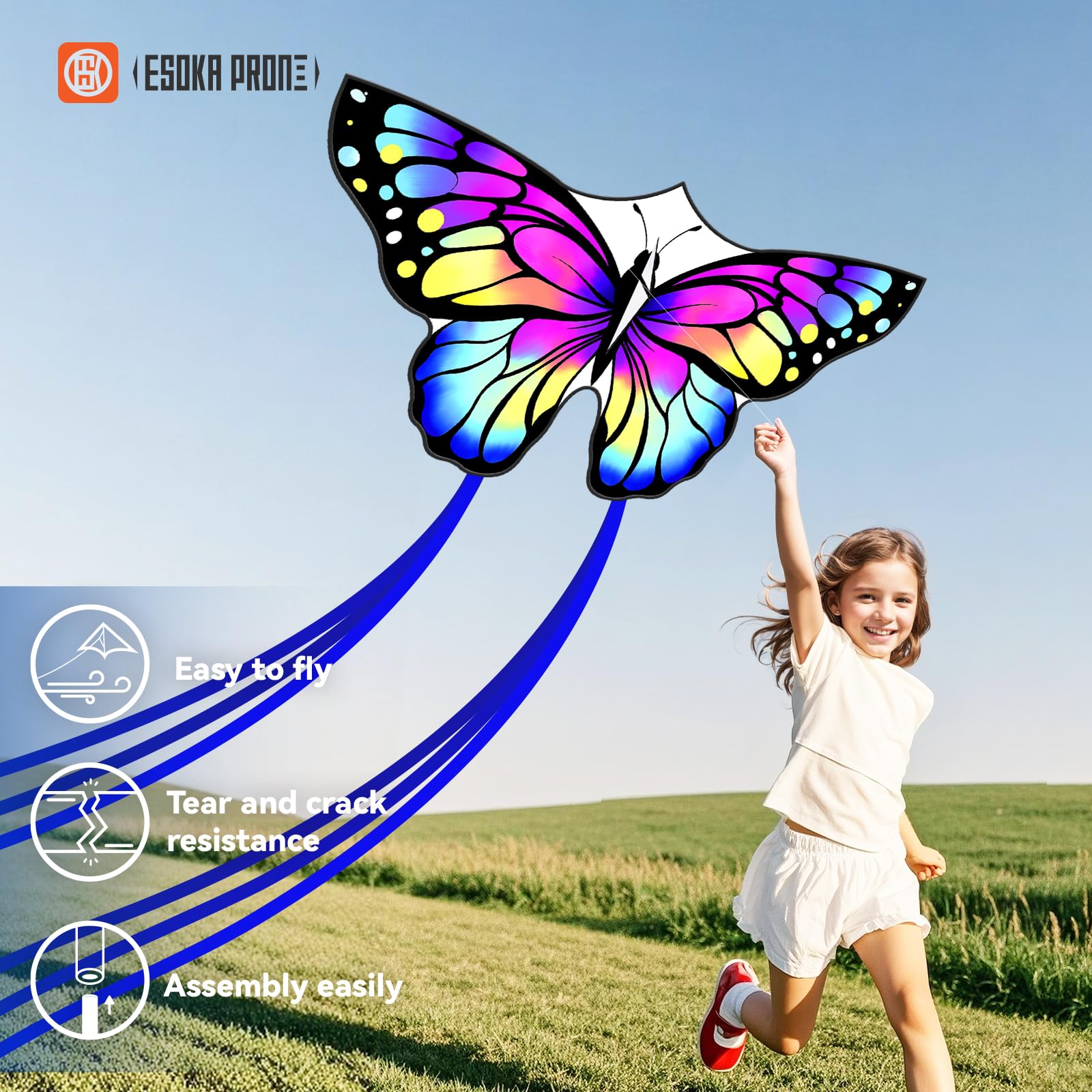 ESOKA PRON Butterfly Kite – Easy to Fly for Kids & Beginners – 210 Polyester, Fiberglass Frame, 328ft String, Blue/White