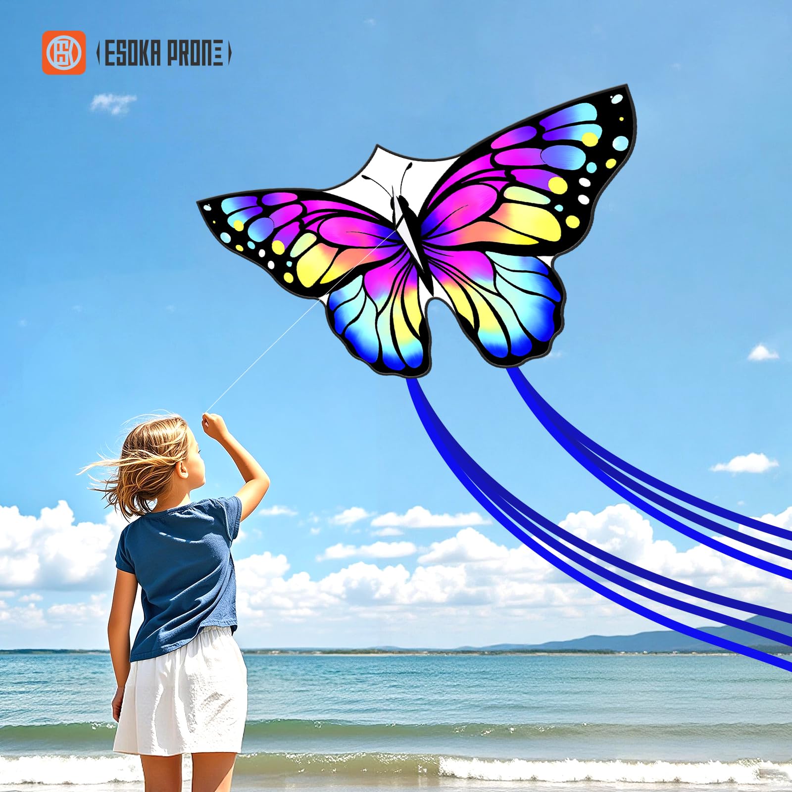 ESOKA PRON Butterfly Kite – Easy to Fly for Kids & Beginners – 210 Polyester, Fiberglass Frame, 328ft String, Blue/White