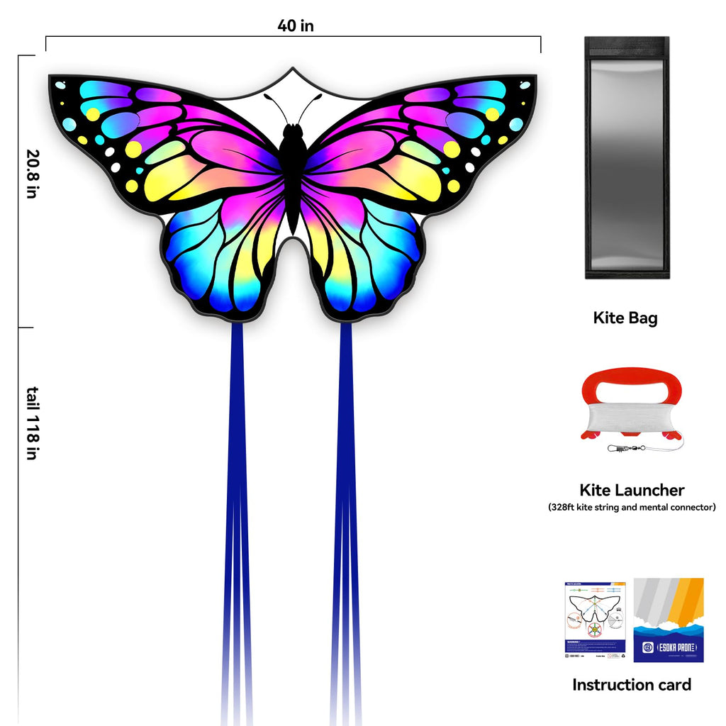 ESOKA PRON Butterfly Kite – Easy to Fly for Kids & Beginners – 210 Polyester, Fiberglass Frame, 328ft String, Blue/White