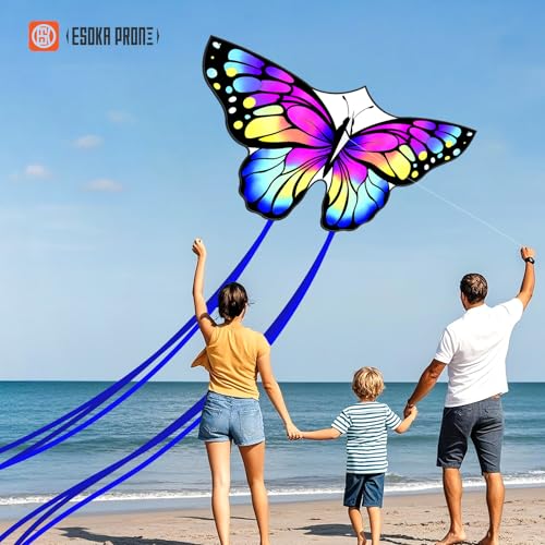 ESOKA PRON Butterfly Kite – Easy to Fly for Kids & Beginners – 210 Polyester, Fiberglass Frame, 328ft String, Blue/White