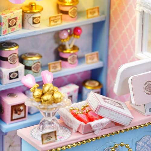ESTUSR DIY Miniature Dollhouse Kit – Yummy Candy Shop with LED Lights & Furniture