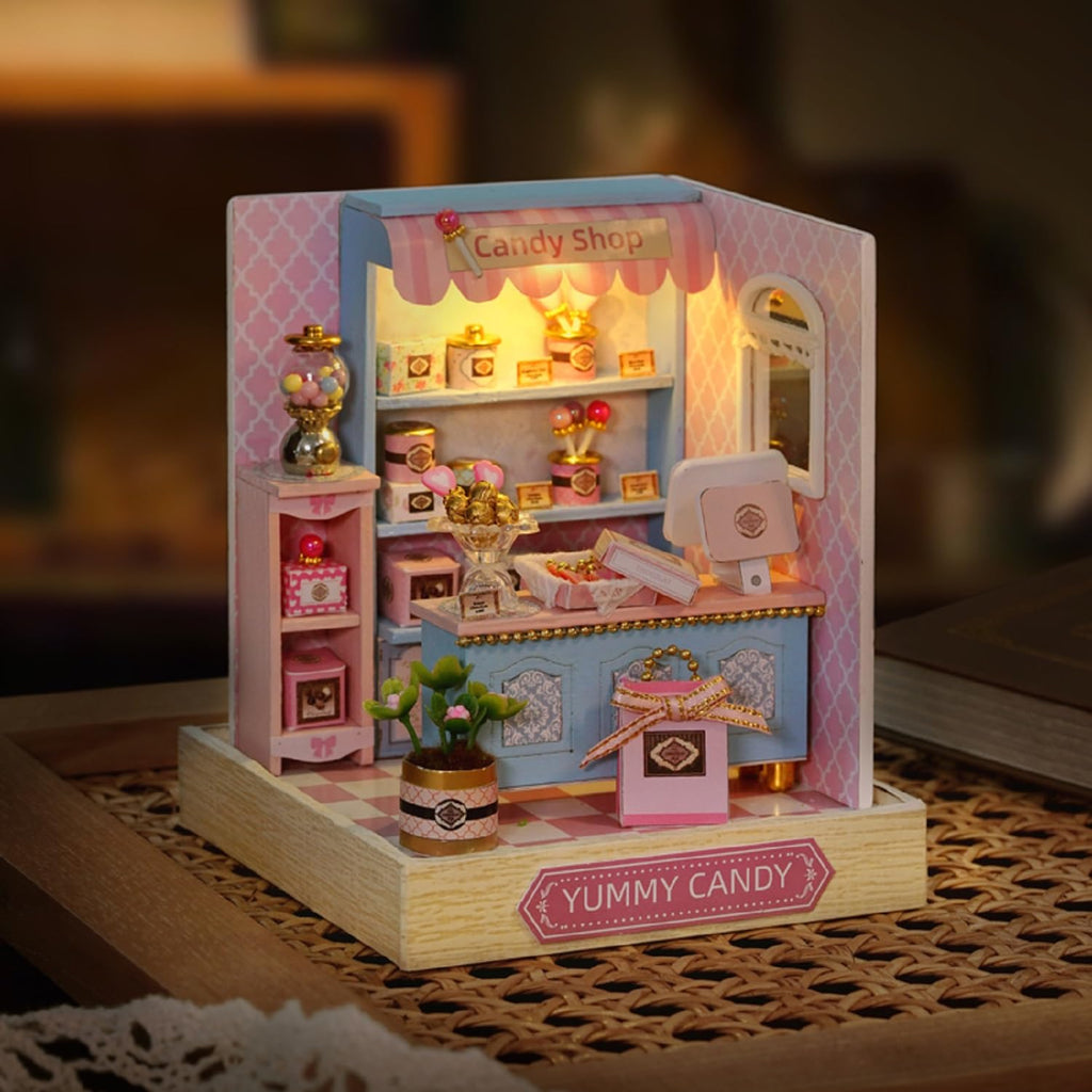 ESTUSR DIY Miniature Dollhouse Kit – Yummy Candy Shop with LED Lights & Furniture