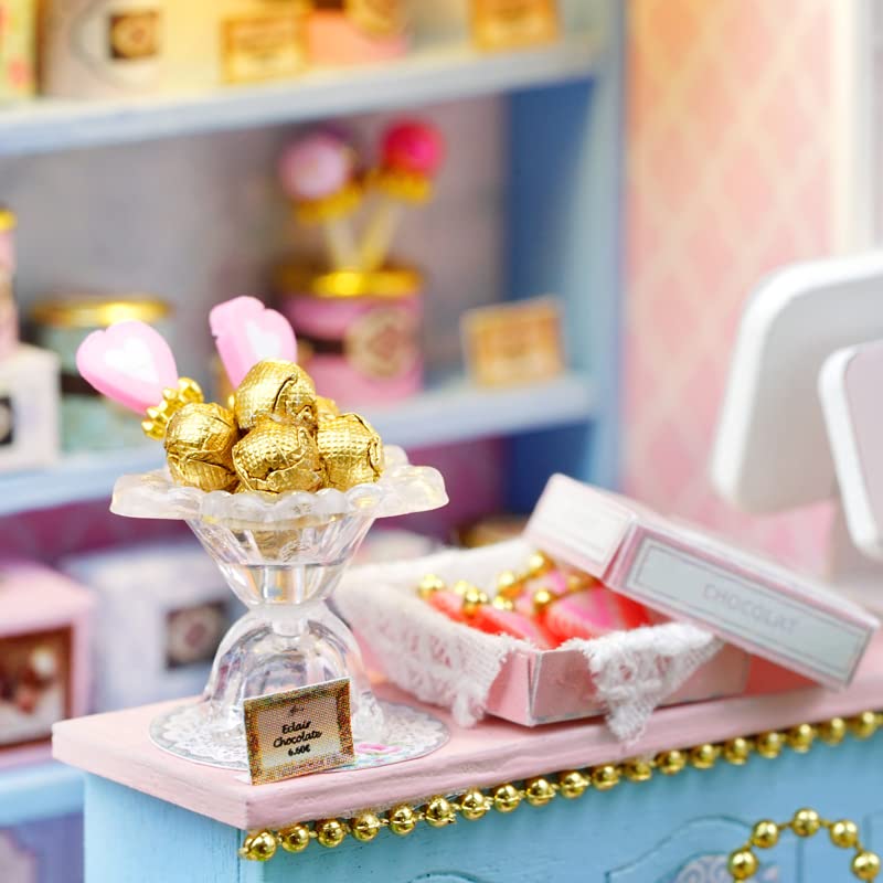 ESTUSR DIY Miniature Dollhouse Kit – Yummy Candy Shop with LED Lights & Furniture