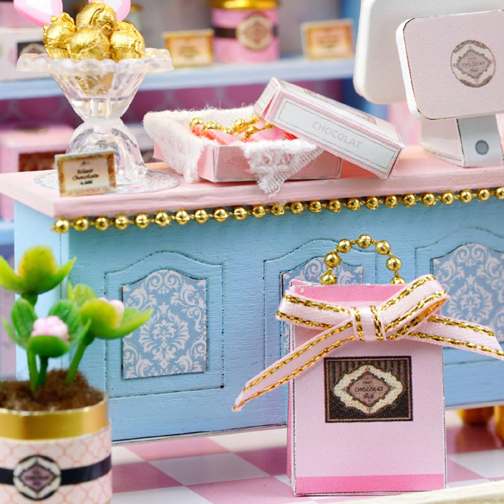 ESTUSR DIY Miniature Dollhouse Kit – Yummy Candy Shop with LED Lights & Furniture