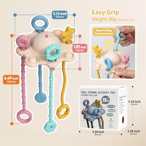 ETETOO Montessori Pull String Toy - Food Grade Silicone, Fine Motor Skills, Travel Toy for Babies (Cream)