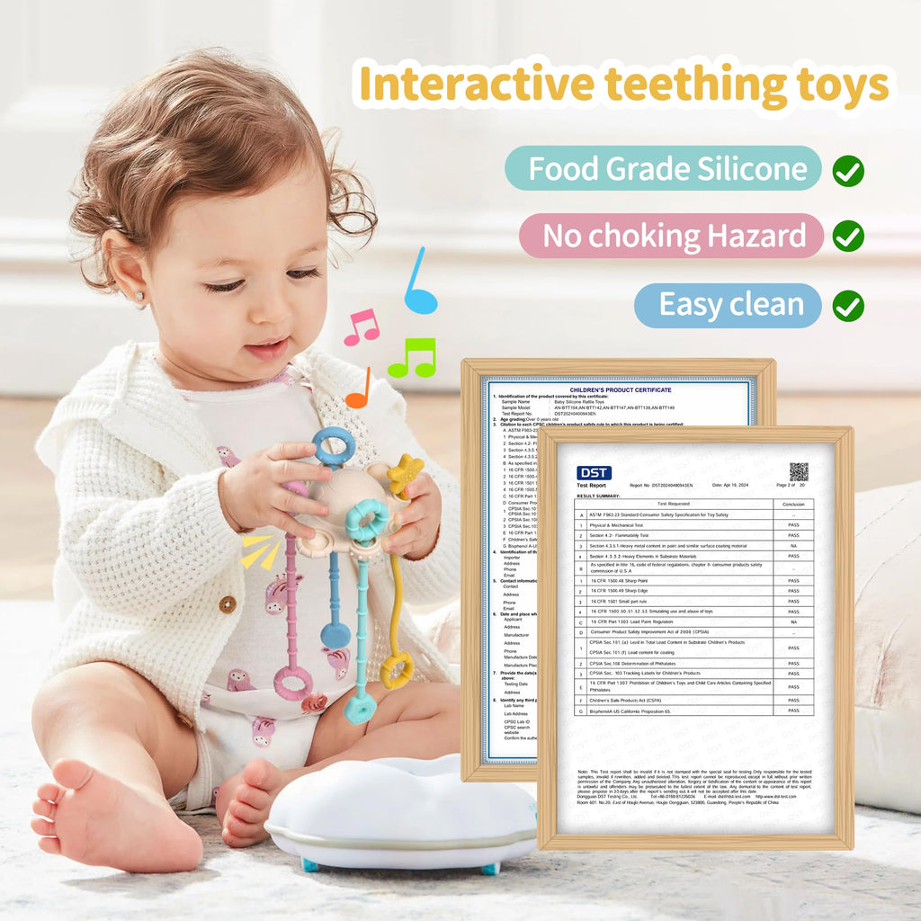 ETETOO Montessori Pull String Toy - Food Grade Silicone, Fine Motor Skills, Travel Toy for Babies (Cream)