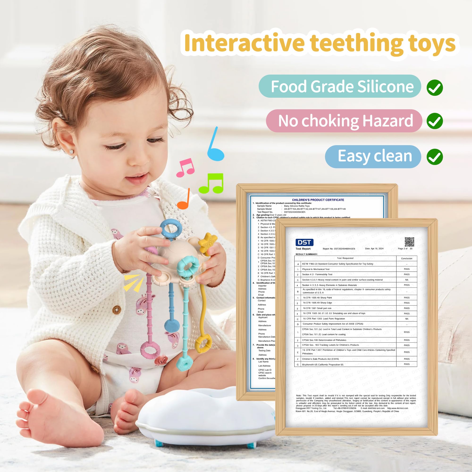 ETETOO Montessori Pull String Toy - Food Grade Silicone, Fine Motor Skills, Travel Toy for Babies (Cream)