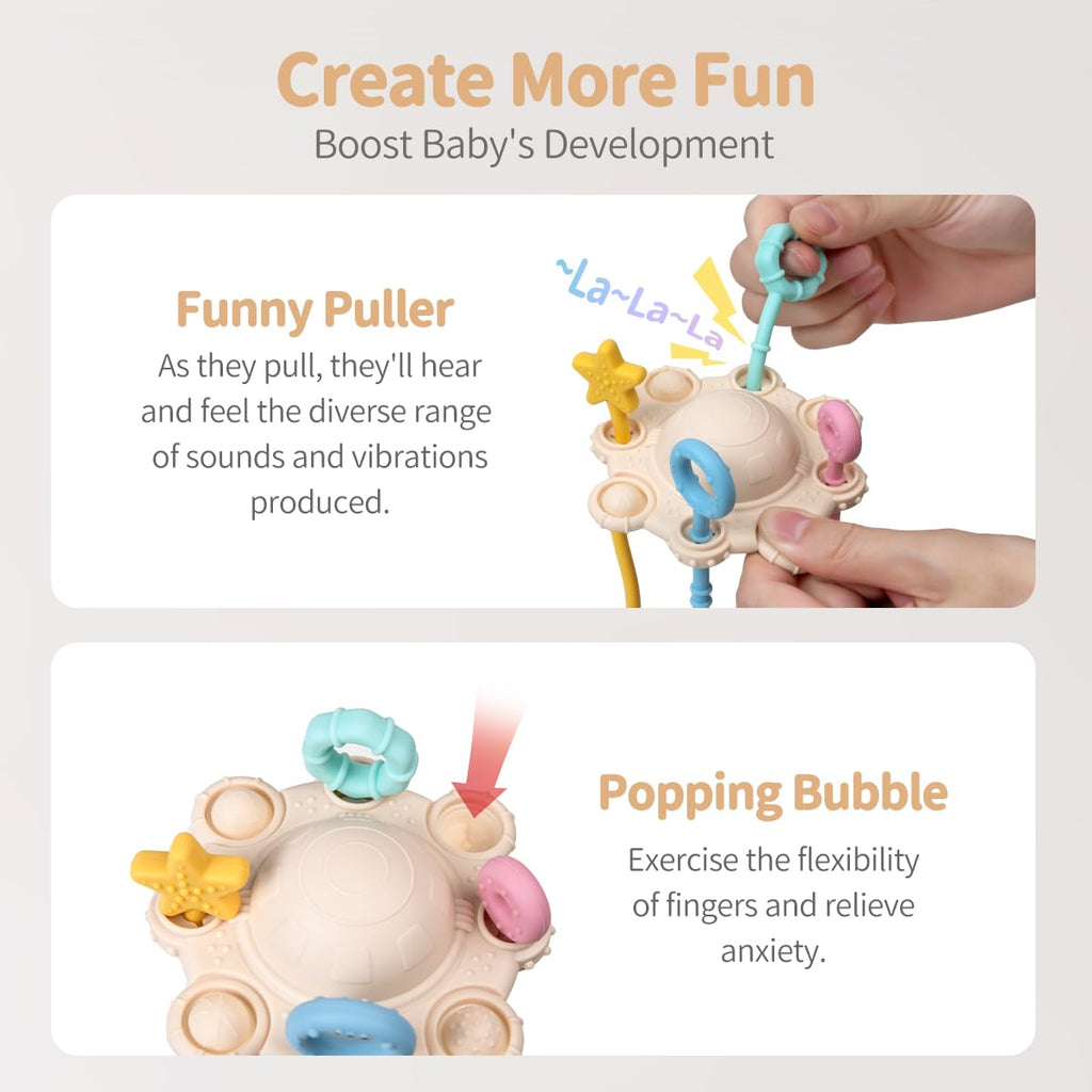 ETETOO Montessori Pull String Toy - Food Grade Silicone, Fine Motor Skills, Travel Toy for Babies (Cream)