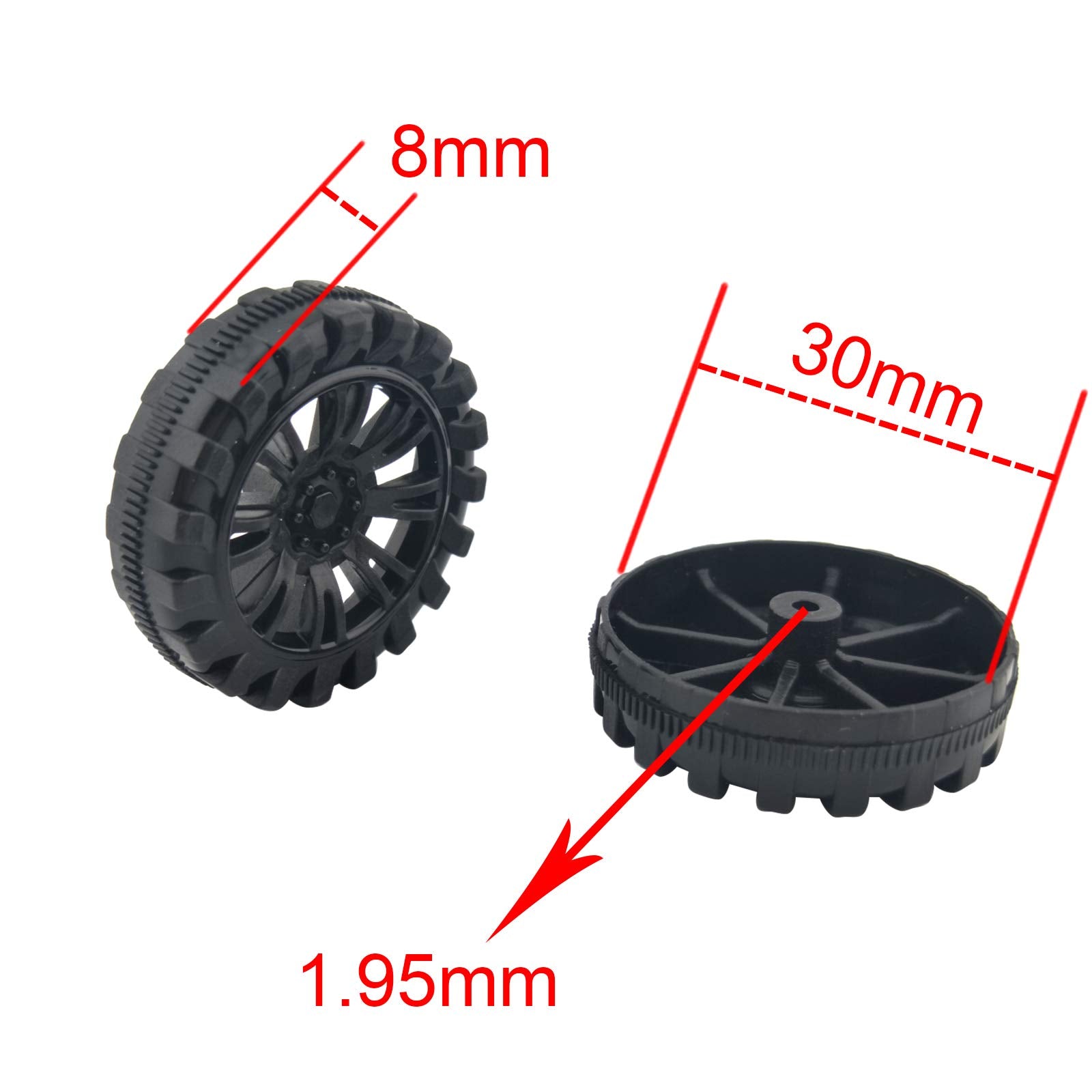 EUDAX 100pcs 30mm x 8mm Plastic Wheels with 50pcs 2mm x 100mm Metal Shafts for DIY RC Car Truck Boat Helicopter Models - Black