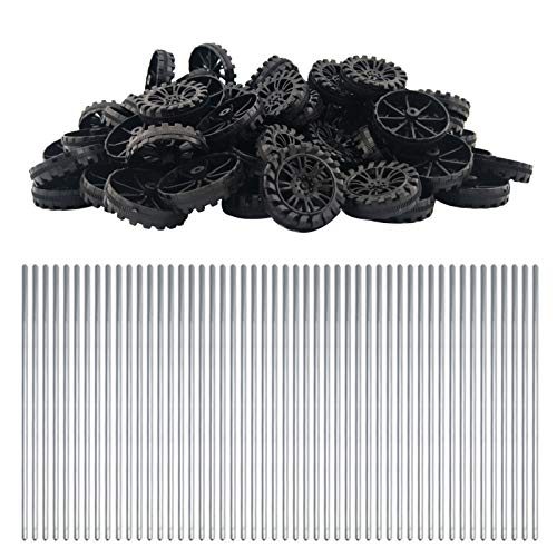 EUDAX 100pcs 30mm x 8mm Plastic Wheels with 50pcs 2mm x 100mm Metal Shafts for DIY RC Car Truck Boat Helicopter Models - Black