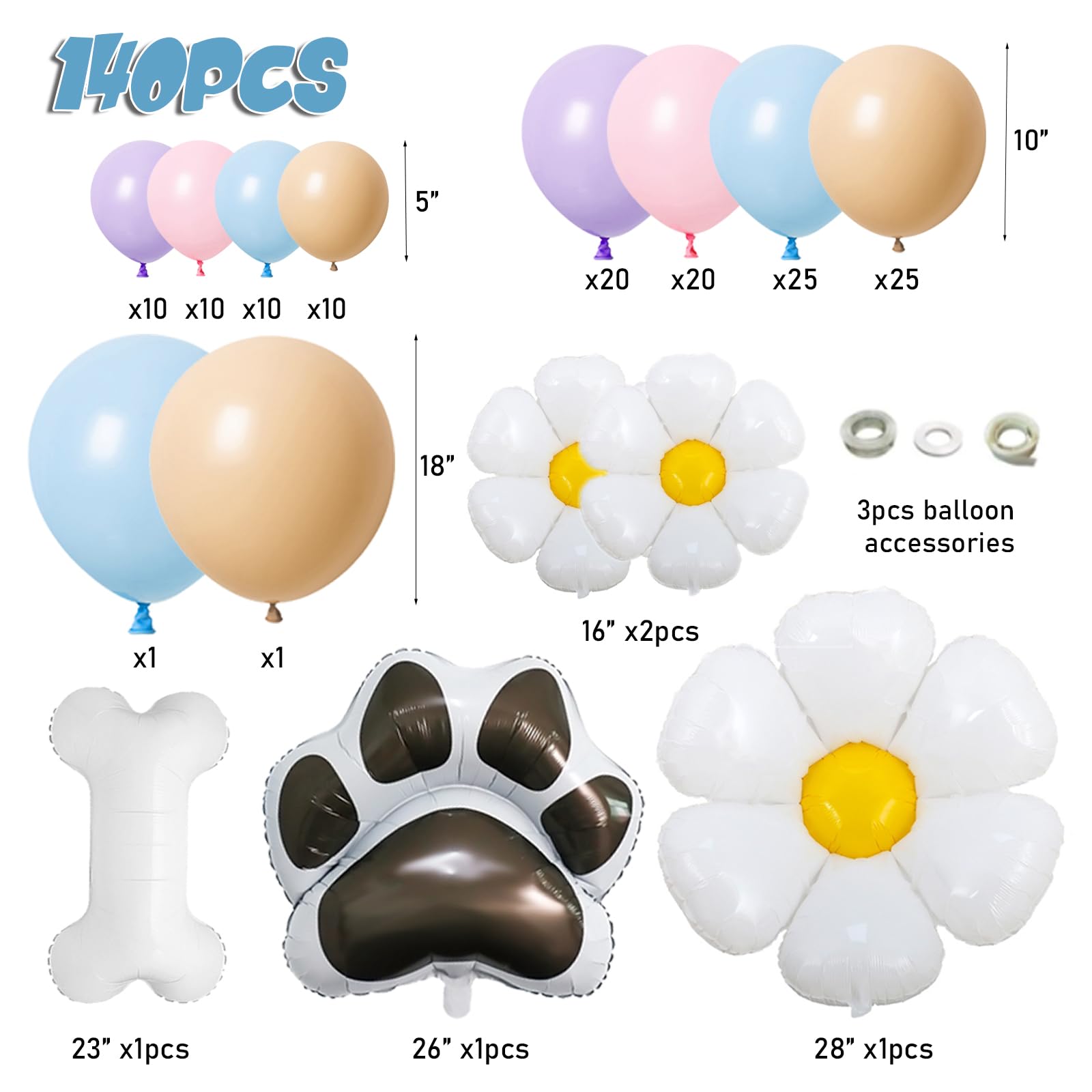 EUMIRO 140-Piece Pastel Blue Pink Balloon Arch Kit with Dog Bone & Paw Foil Balloons for Baby Shower Birthday Party Decorations