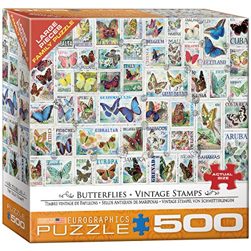 EuroGraphics Butterflies Vintage Stamps 500-Piece Puzzle – Made in USA, Large Pieces