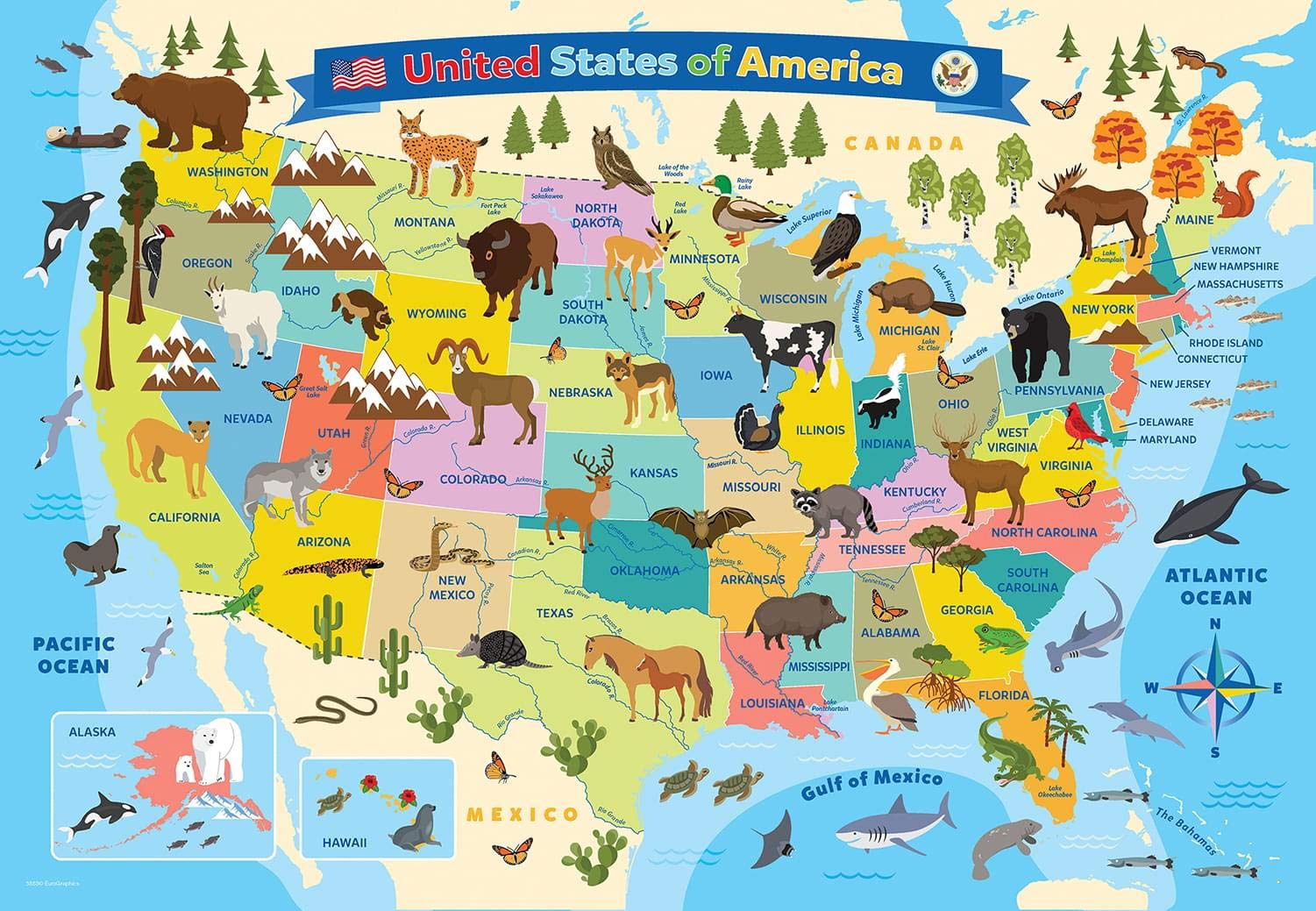 EuroGraphics USA Map 100-Piece Jigsaw Puzzle – Educational Geography Puzzle for Kids