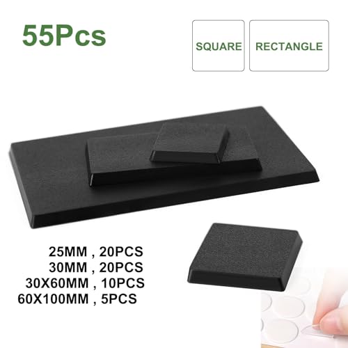 Evemodel 55-Piece Mixed Square & Rectangle Bases for Tabletop Wargames (4 Sizes)