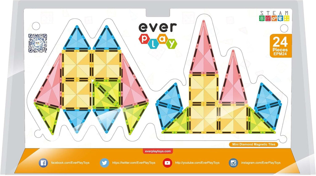 Everplay 24-Piece Mini Diamond Magnetic Tiles Travel Set – Portable STEM Building Blocks for Kids 3+