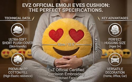 EvZ 32cm Heart Eyes Emoji Pillow – Soft Plush Smiley Face Cushion for Valentine’s Day & Home Decor