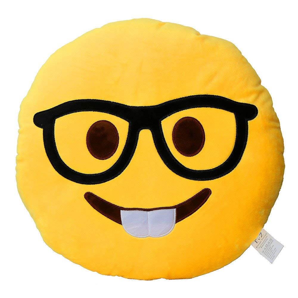 EvZ Glasses Boy Emoji Pillow – 32cm Soft Plush Cushion with Precision Embroidery, for Desk, Dorm, or Gift (Yellow)