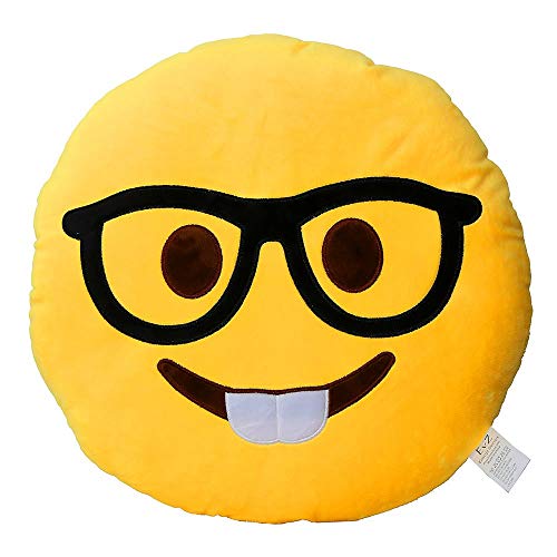 EvZ Glasses Boy Emoji Pillow – 32cm Soft Plush Cushion with Precision Embroidery, for Desk, Dorm, or Gift (Yellow)