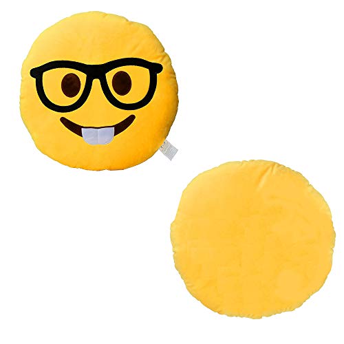 EvZ Glasses Boy Emoji Pillow – 32cm Soft Plush Cushion with Precision Embroidery, for Desk, Dorm, or Gift (Yellow)