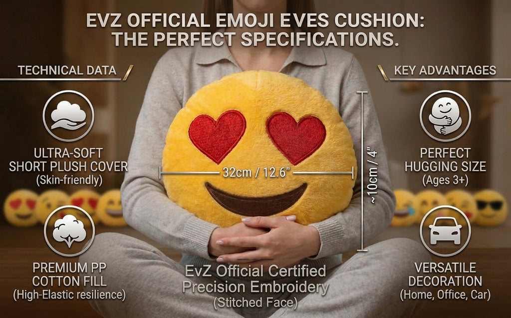 EvZ Heart Eyes Emoji Pillow - 32cm Soft Plush Cushion with Embroidery, Machine Washable, for Couch or Bed