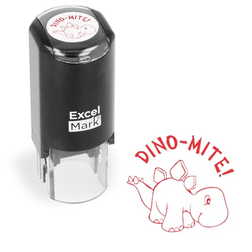 ExcelMark Dino-MITE! Teacher Stamp - Self-Inking Red Ink, 5/8" Round Impression