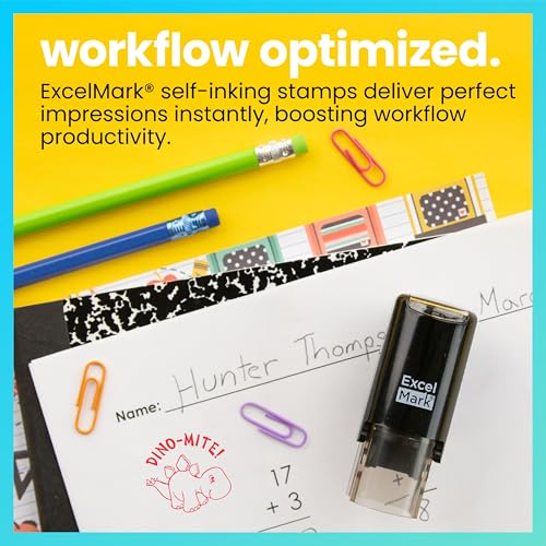 ExcelMark Dino-MITE! Teacher Stamp - Self-Inking Red Ink, 5/8" Round Impression