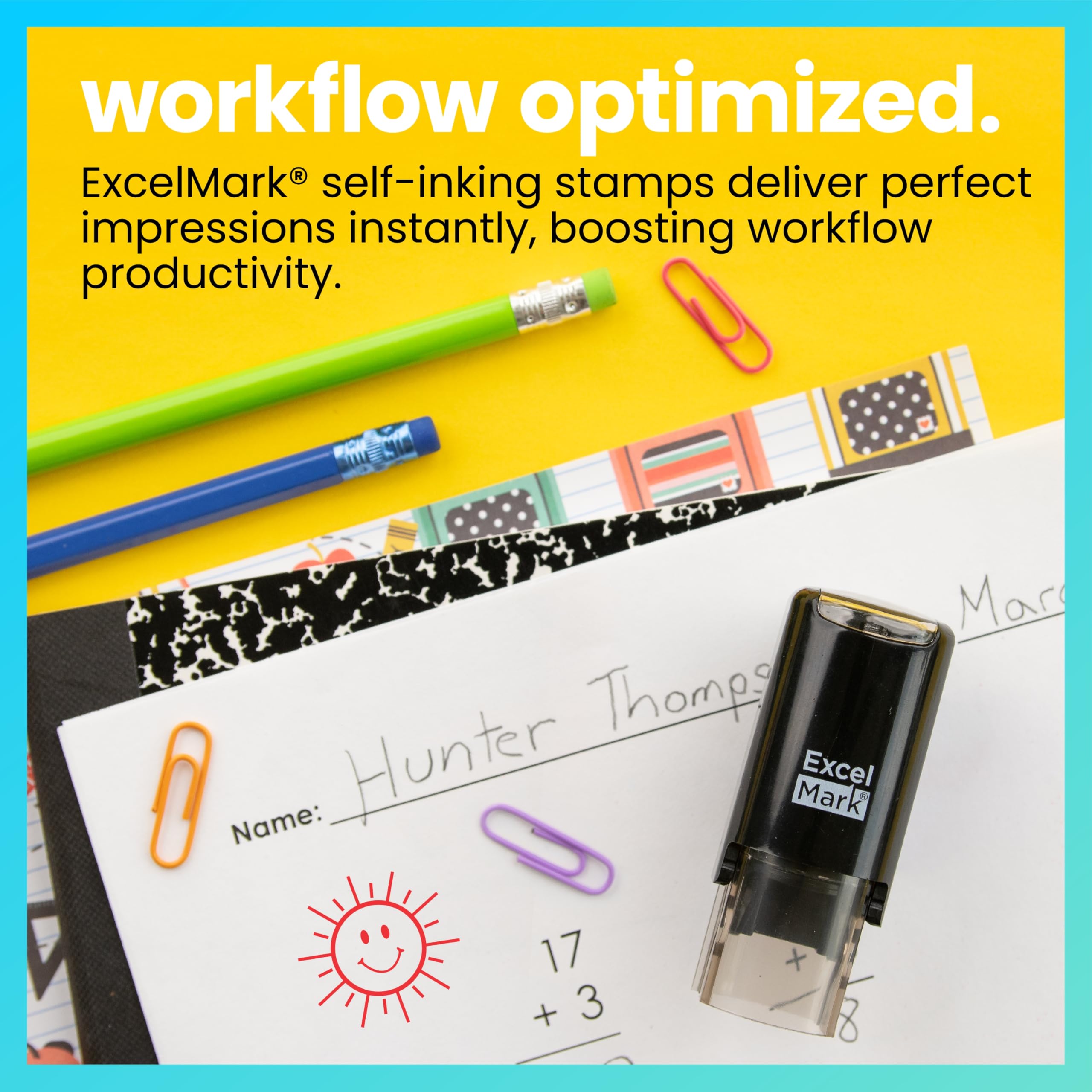 ExcelMark Happy Sun Self-Inking Teacher Stamp – Red Ink, 5/8 Inch Round