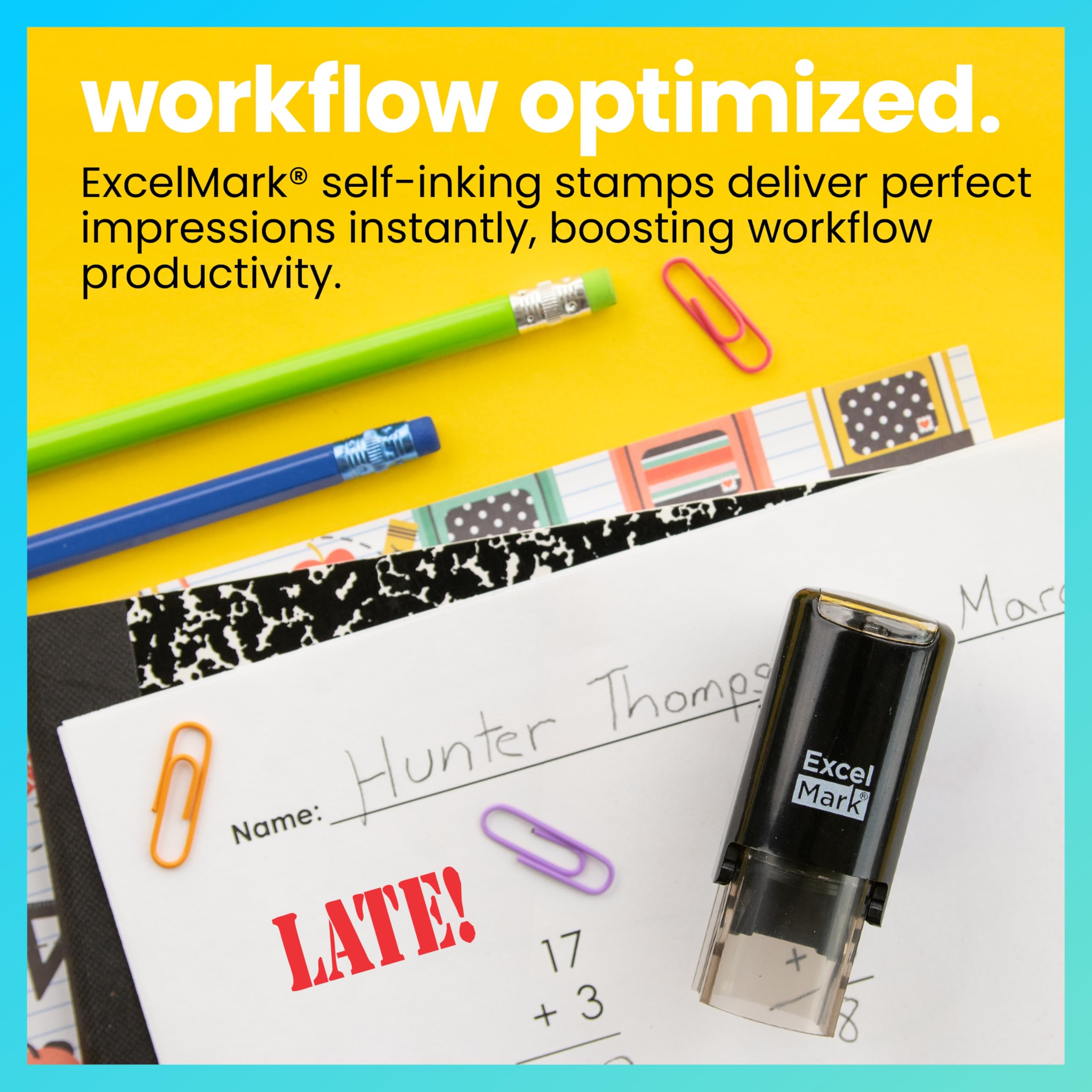 ExcelMark 'Late!' Self-Inking Round Teacher Stamp - Red Ink, 5/8" Impression
