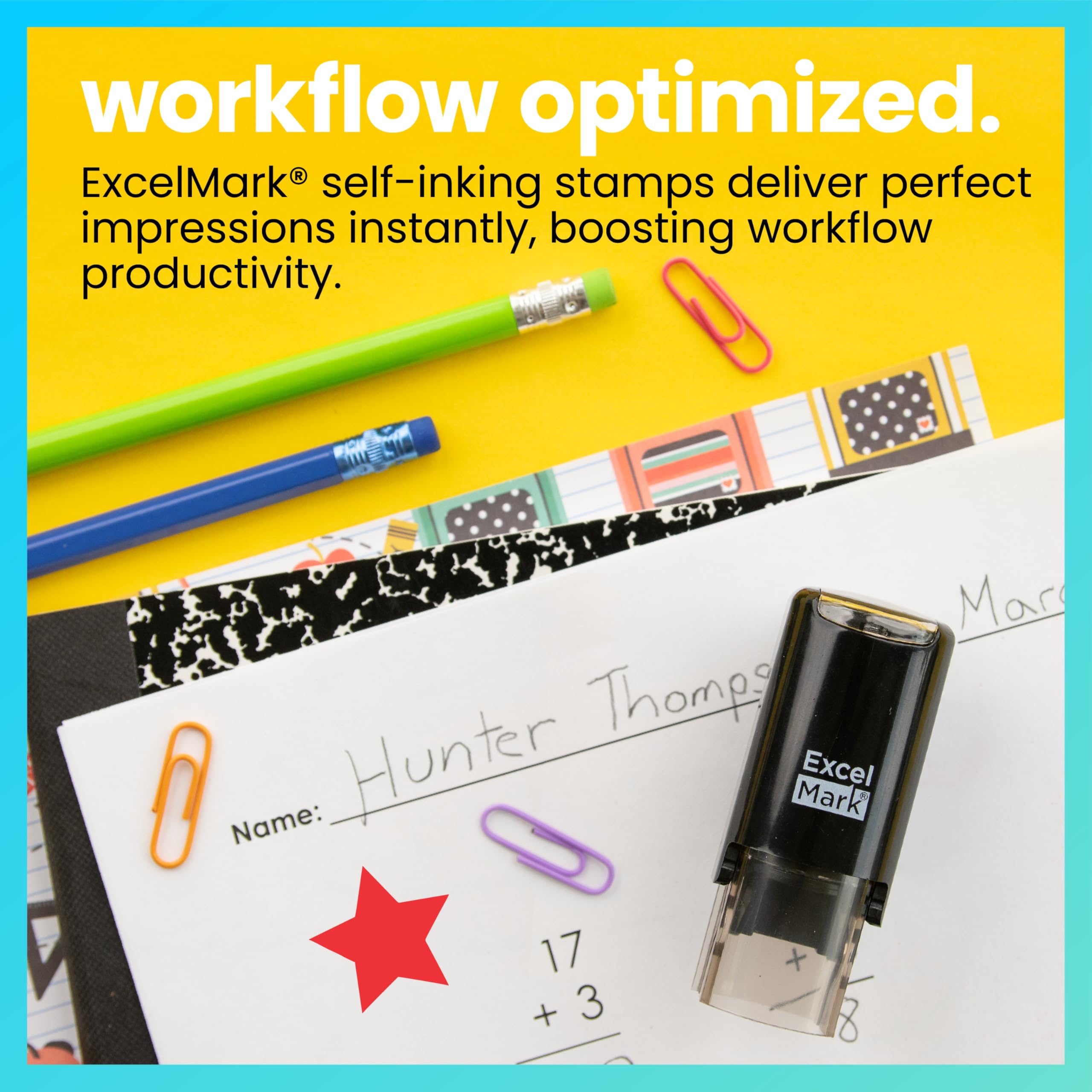ExcelMark Round Self-Inking Teacher Stamp – Solid Red Star, 5/8" Diameter