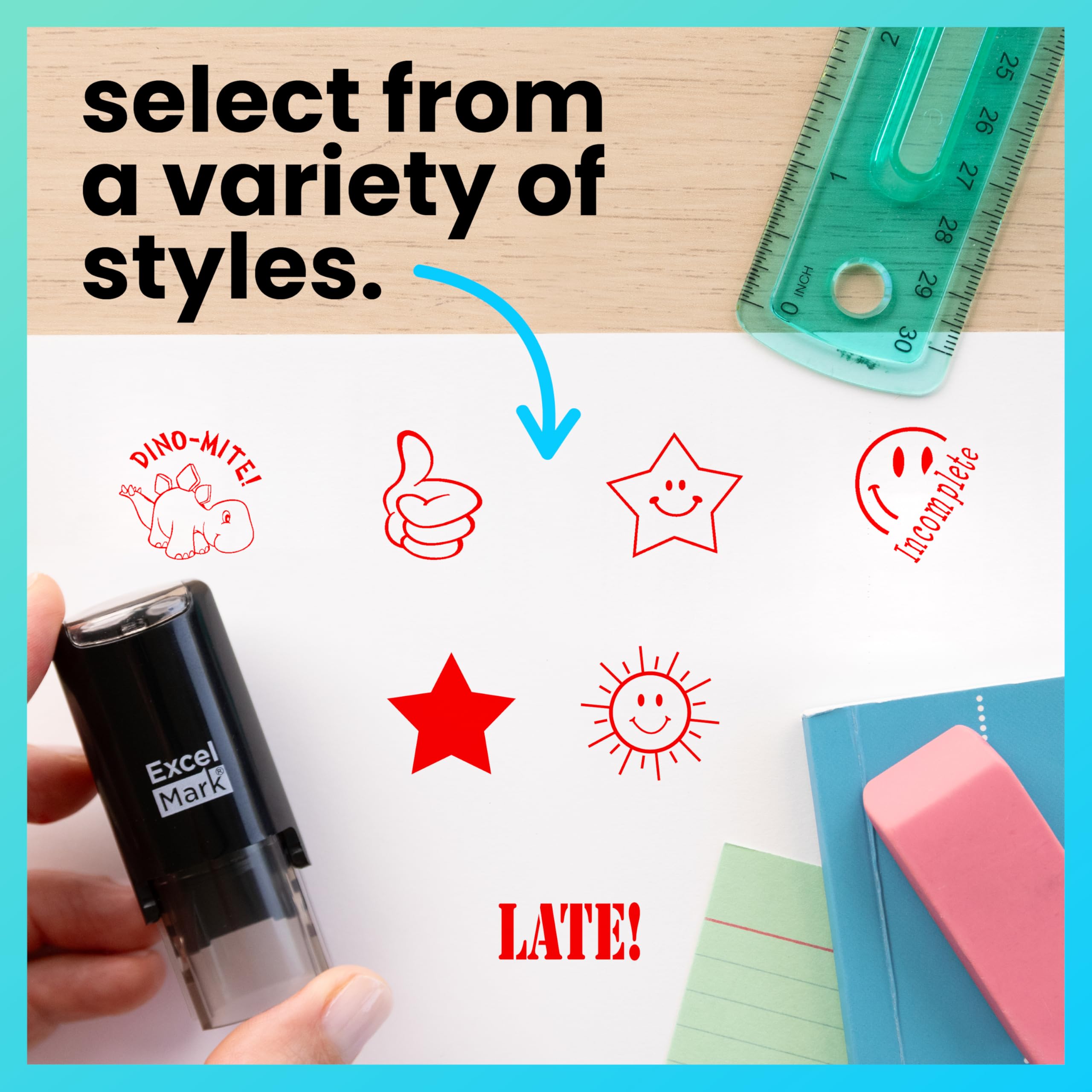 ExcelMark Round Teacher Stamp – Thumbs Up Outline Red Ink Self-Inking