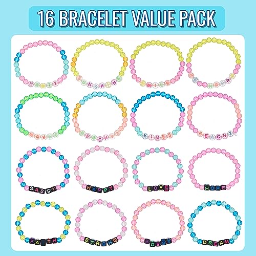 EXPRESSIONS 16pc Glow in the Dark Tear & Share Bracelets – Colorful Letter Beaded Friendship Jewelry for Kids & Teens