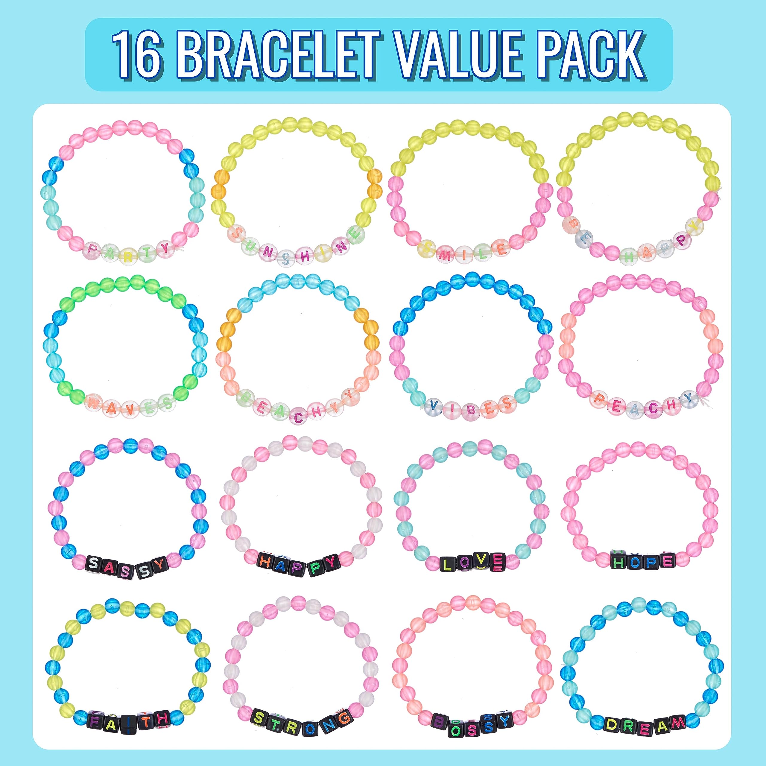 EXPRESSIONS 16pc Glow in the Dark Tear & Share Bracelets – Colorful Letter Beaded Friendship Jewelry for Kids & Teens