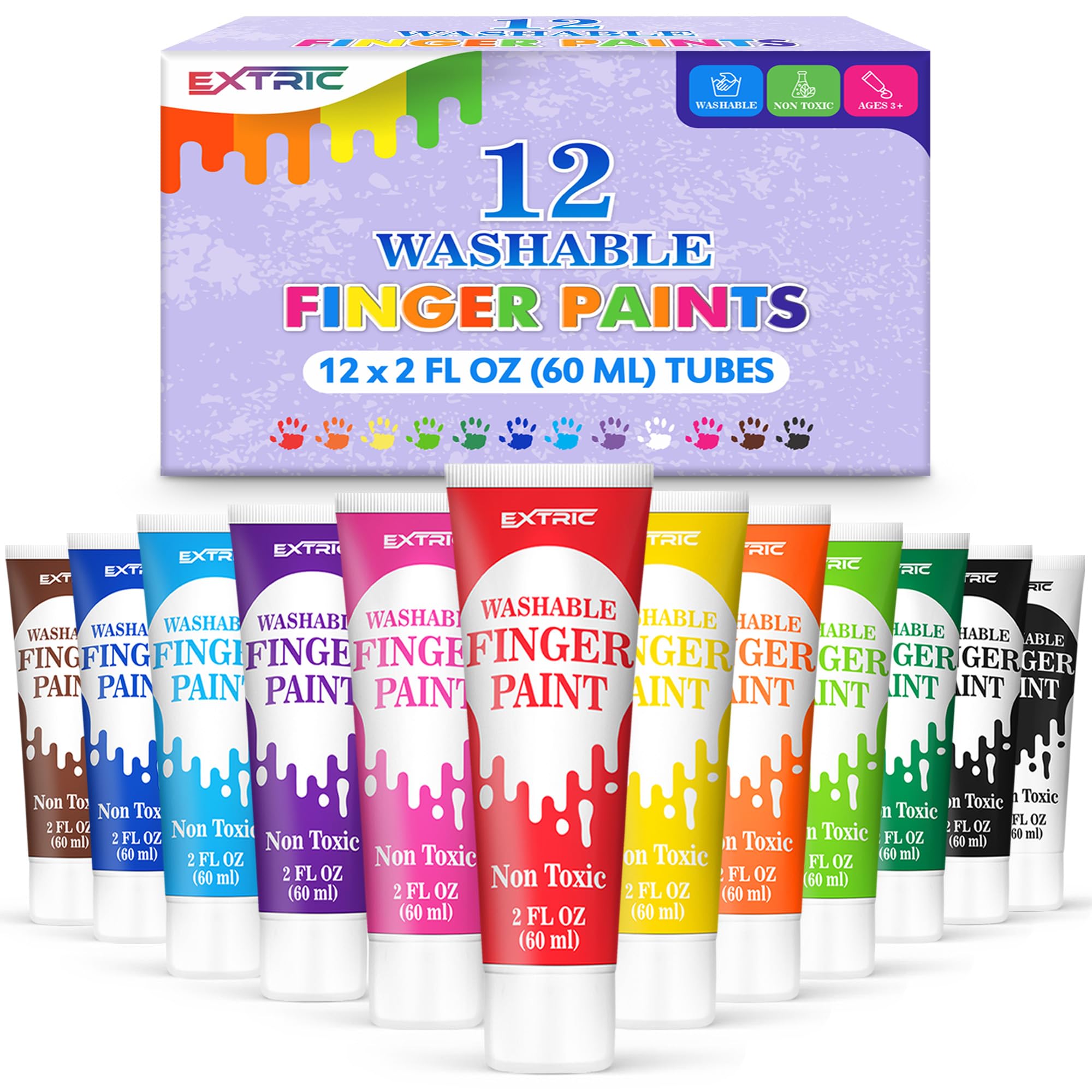 EXTRIC Washable Finger Paint for Toddlers – 12 Non-Toxic Colors, 2 fl oz Tubes, Ages 1-8