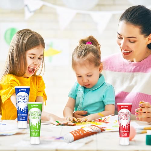 EXTRIC Washable Finger Paint for Toddlers – 12 Non-Toxic Colors, 2 fl oz Tubes, Ages 1-8