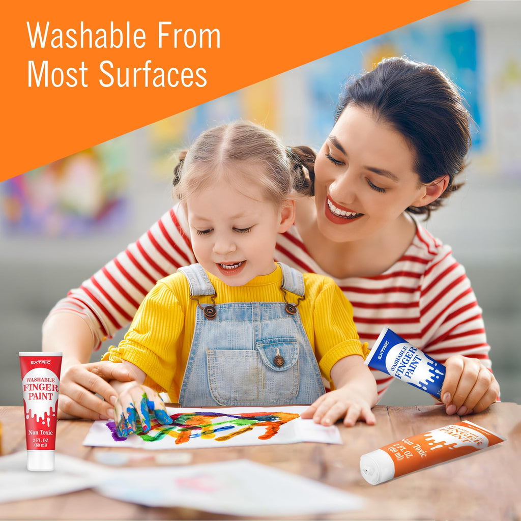 EXTRIC Washable Finger Paint for Toddlers – 12 Non-Toxic Colors, 2 fl oz Tubes, Ages 1-8
