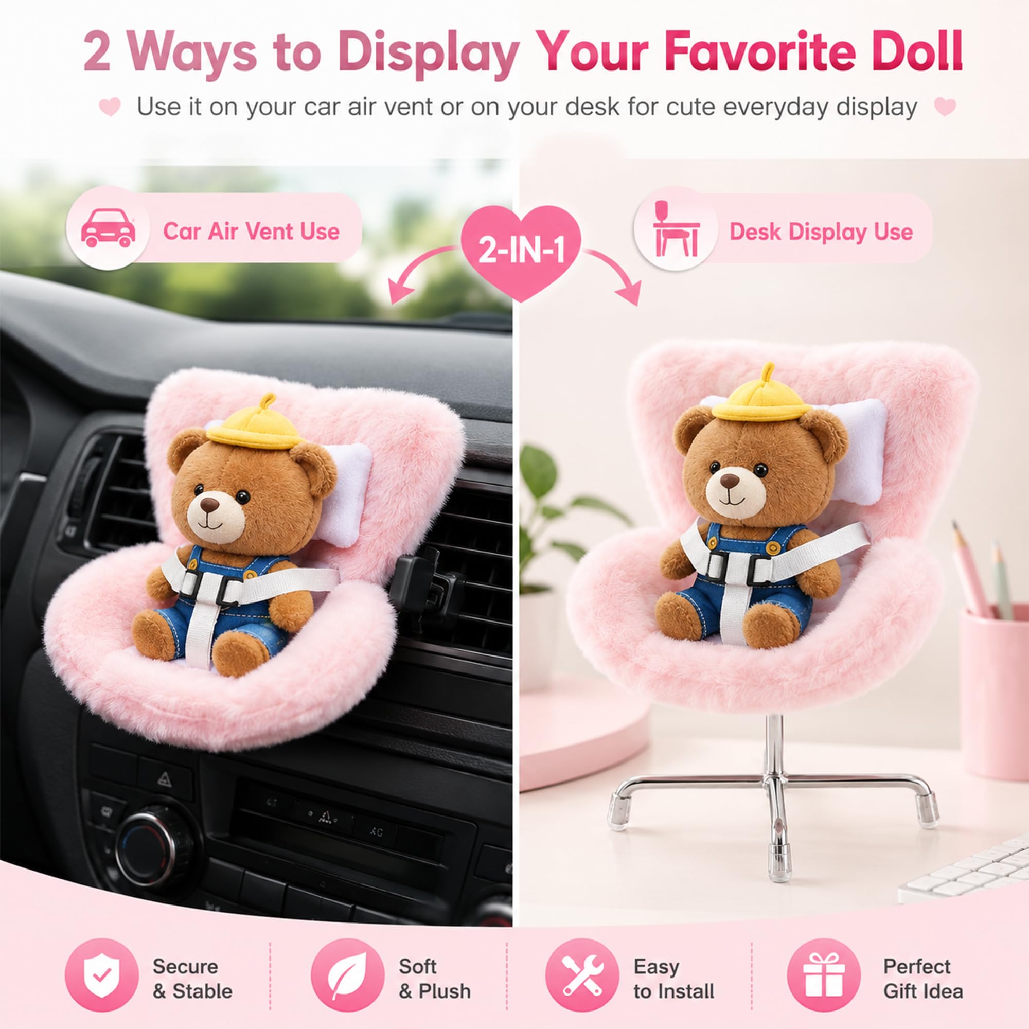 Ezcora Doll Car Seat for 10-17 cm Dolls – Clip-On Car Vent Mount, Includes Desk Display Leg, Green