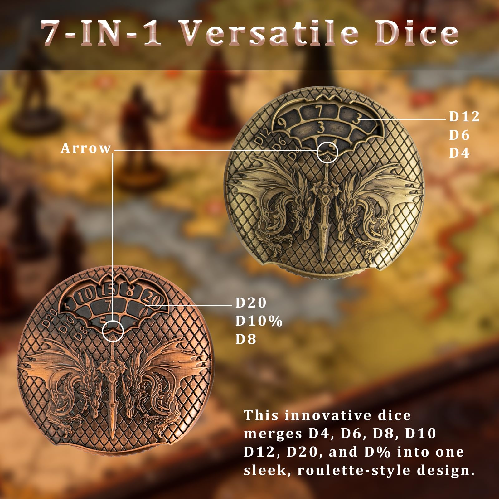 EZUO Bronze Spinning Dice Set – 7-in-1 Metal D&D Fidget Spinner for RPG Games