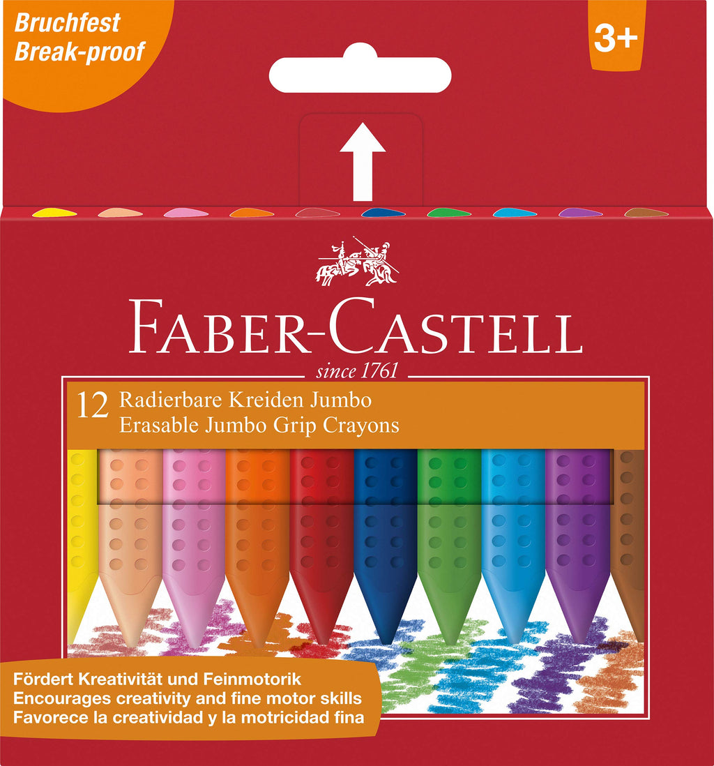 Faber-Castell Jumbo Grip Crayons (12-Pack) – Chunky Erasable Crayons for Kids