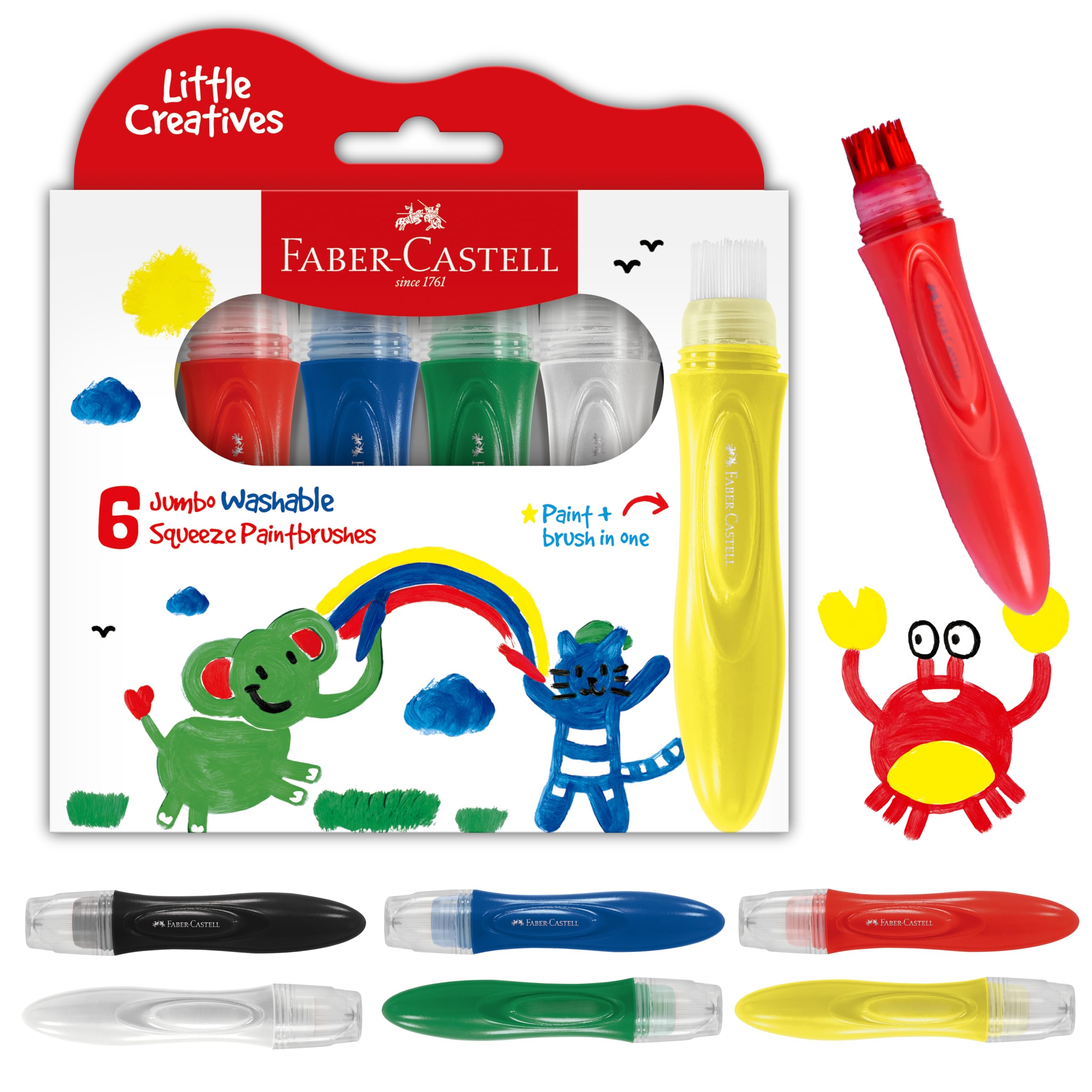 Faber-Castell Little Creatives 6-Color Jumbo Paint Sticks – Washable Squeeze Brushes for Kids 3+