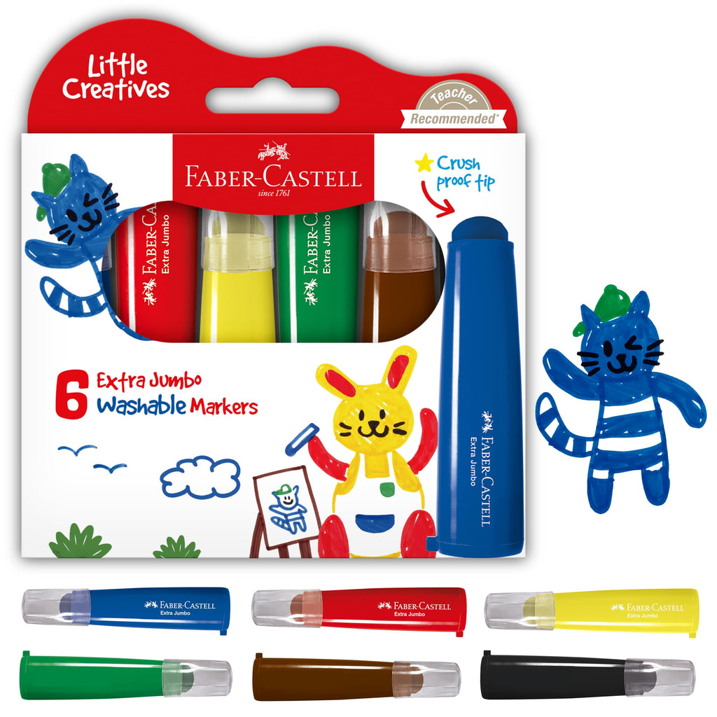 Faber-Castell Little Creatives 6-Count Extra Jumbo Washable Markers – Non-Toxic, Crush-Proof Tips for Toddlers Ages 3+