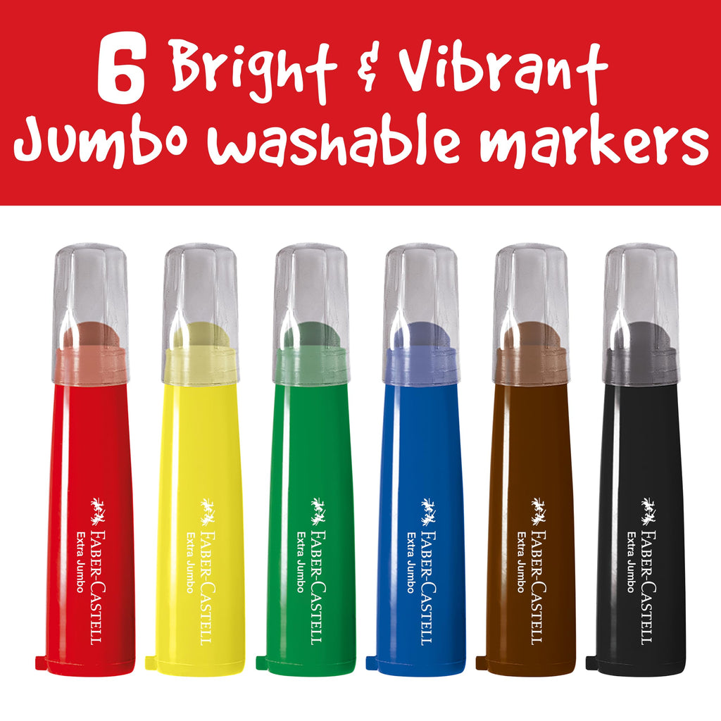 Faber-Castell Little Creatives 6-Count Extra Jumbo Washable Markers – Non-Toxic, Crush-Proof Tips for Toddlers Ages 3+